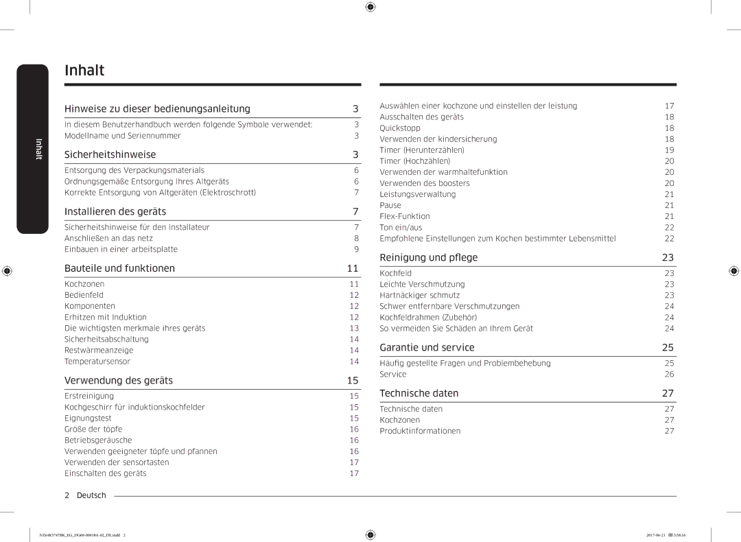 Samsung NZ64K5747BK/EG manual Inhalt 