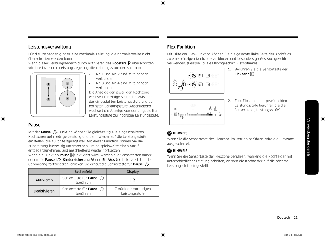 Samsung NZ64K5747BK/EG manual Leistungsverwaltung, Pause, Flex-Funktion 