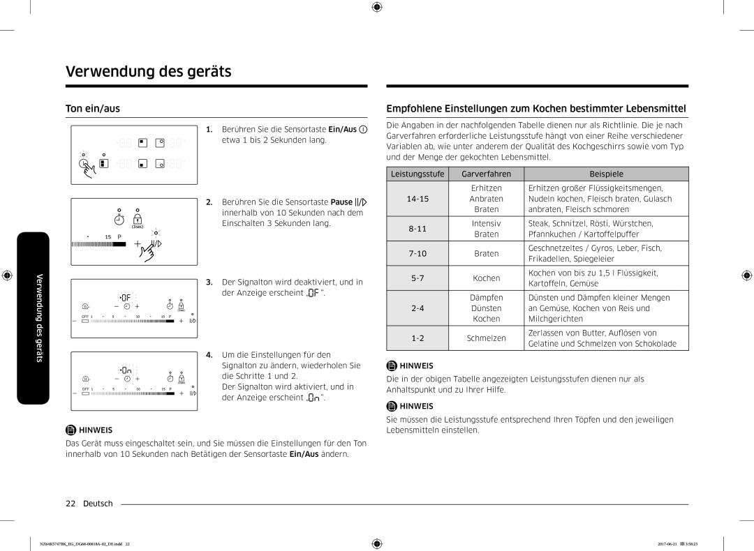 Samsung NZ64K5747BK/EG manual Ton ein/aus, Empfohlene Einstellungen zum Kochen bestimmter Lebensmittel 