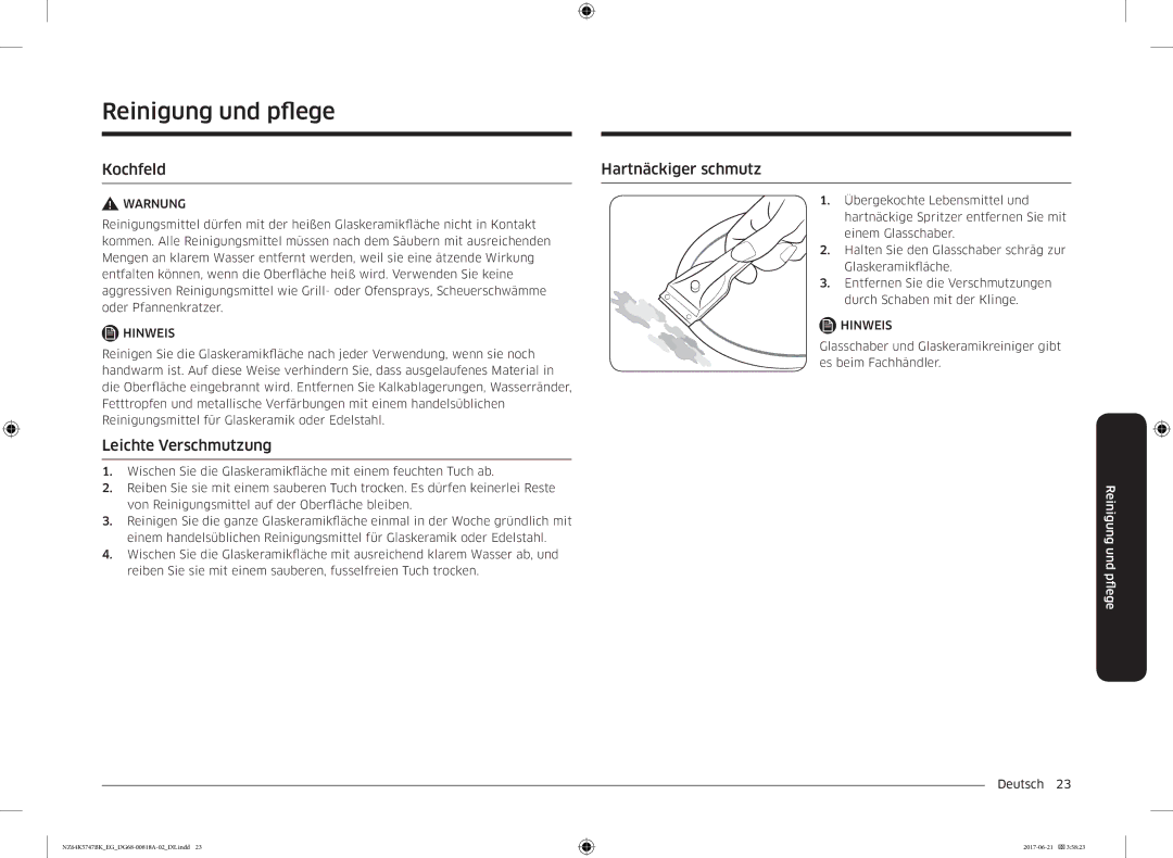 Samsung NZ64K5747BK/EG manual Reinigung und pfege, Kochfeld Hartnäckiger schmutz, Leichte Verschmutzung 