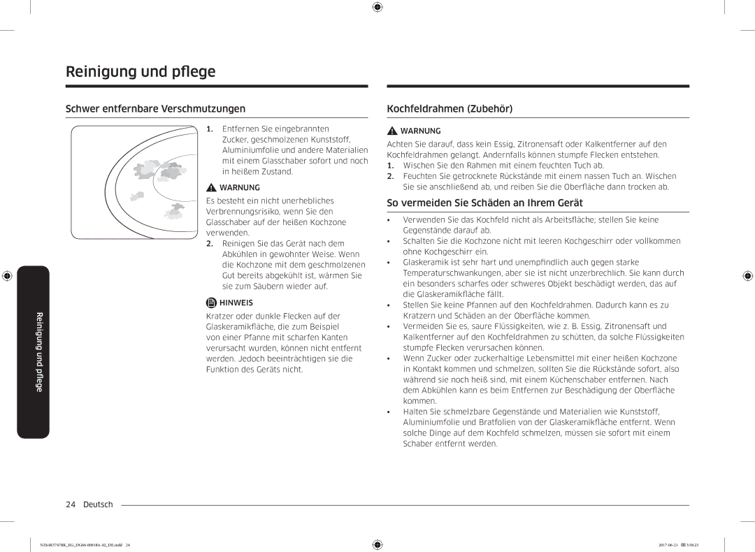 Samsung NZ64K5747BK/EG manual Reinigung und pflege, Schwer entfernbare Verschmutzungen, Kochfeldrahmen Zubehör 