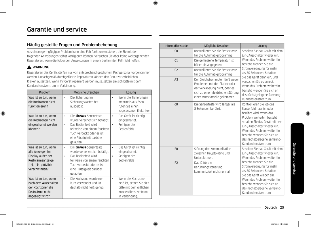 Samsung NZ64K5747BK/EG manual Garantie und service, Häufig gestellte Fragen und Problembehebung 