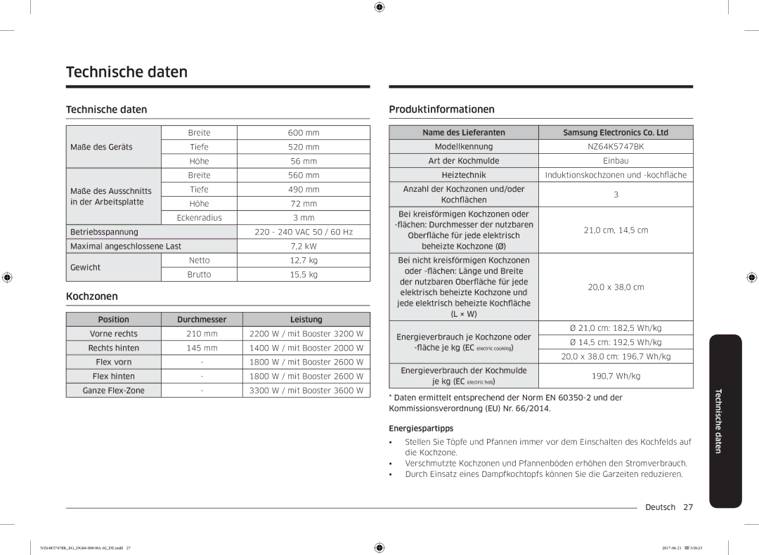 Samsung NZ64K5747BK/EG manual Technische daten, Produktinformationen 