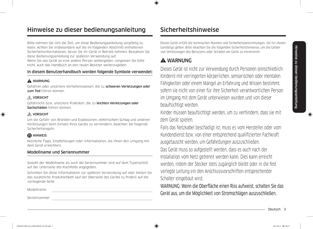 Samsung NZ64K5747BK/EG manual Hinweise zu dieser bedienungsanleitung, Sicherheitshinweise, Modellname und Seriennummer 