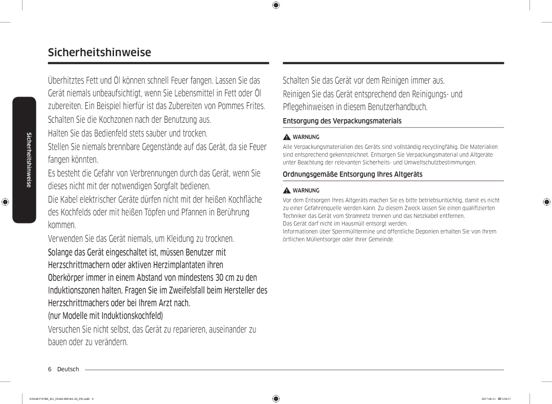 Samsung NZ64K5747BK/EG manual Entsorgung des Verpackungsmaterials, Ordnungsgemäße Entsorgung Ihres Altgeräts 