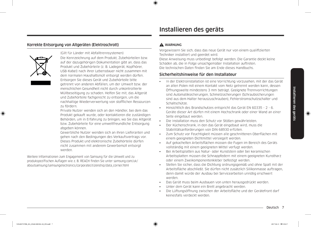 Samsung NZ64K5747BK/EG manual Installieren des geräts, Korrekte Entsorgung von Altgeräten Elektroschrott 