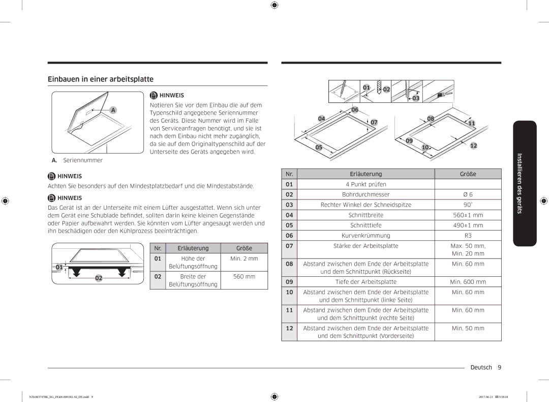 Samsung NZ64K5747BK/EG manual Einbauen in einer arbeitsplatte, Des geräts 