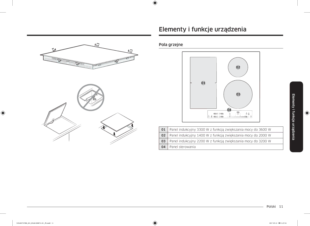 Samsung NZ64K5747BK/EO manual Elementy i funkcje urządzenia, Pola grzejne 