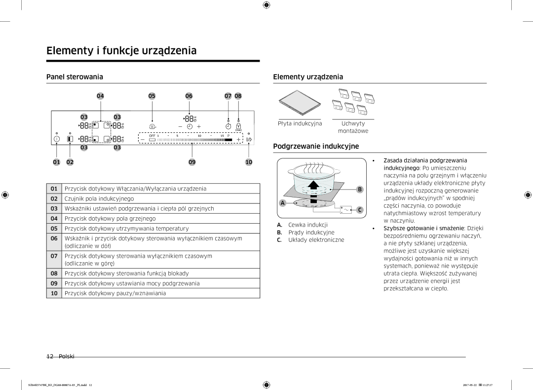 Samsung NZ64K5747BK/EO manual Panel sterowania, Elementy urządzenia, Podgrzewanie indukcyjne 