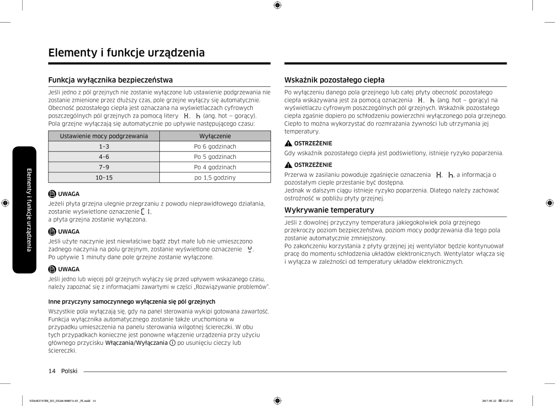 Samsung NZ64K5747BK/EO manual Funkcja wyłącznika bezpieczeństwa, Wskaźnik pozostałego ciepła, Wykrywanie temperatury 