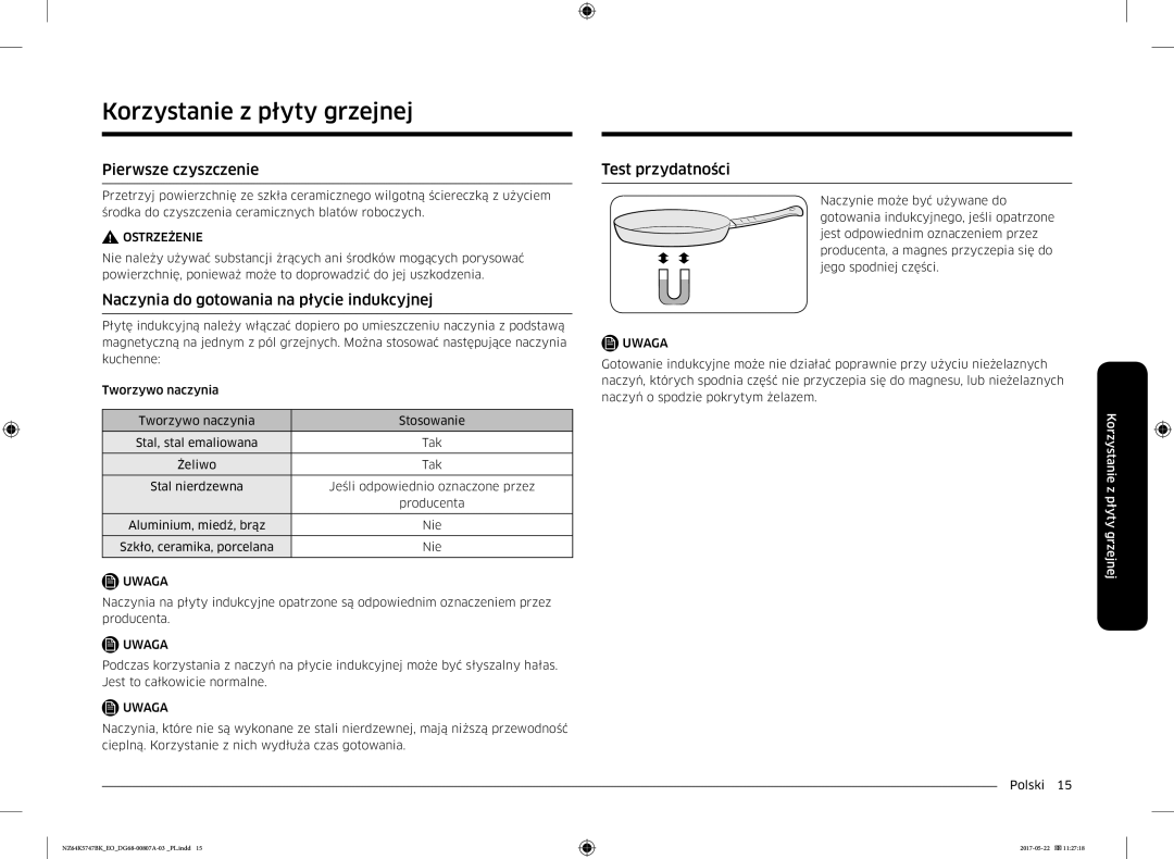 Samsung NZ64K5747BK/EO Korzystanie z płyty grzejnej, Pierwsze czyszczenie, Naczynia do gotowania na płycie indukcyjnej 