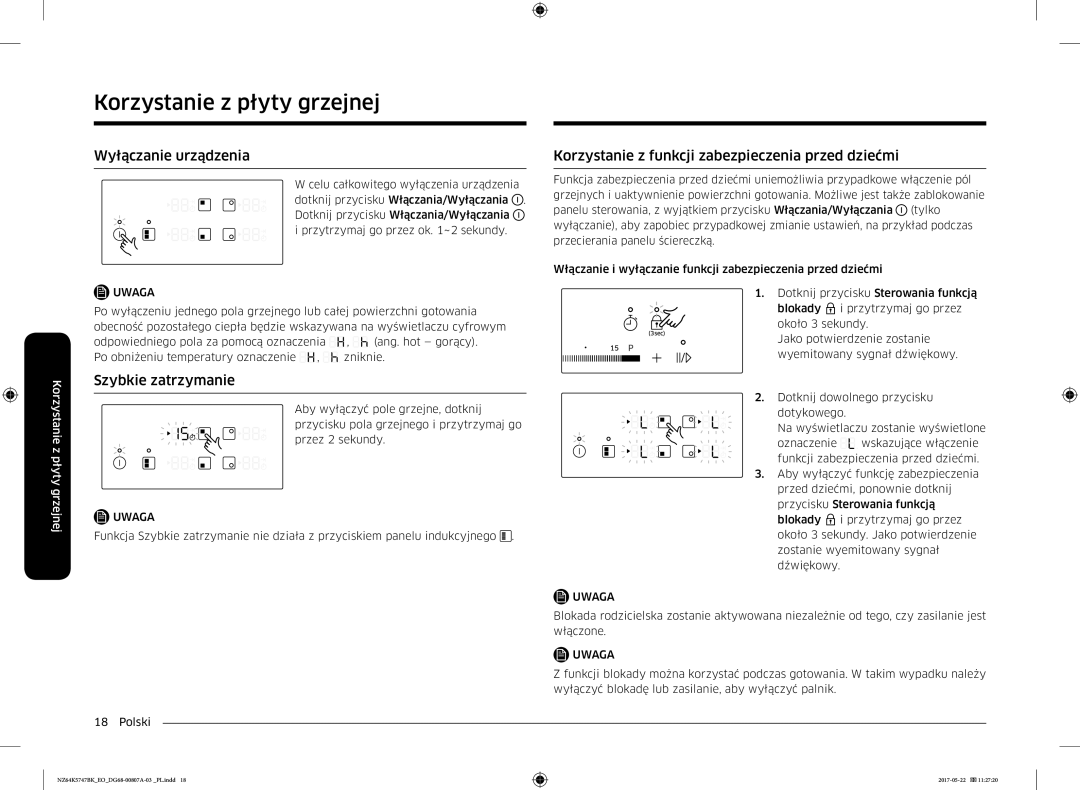 Samsung NZ64K5747BK/EO Wyłączanie urządzenia, Szybkie zatrzymanie, Korzystanie z funkcji zabezpieczenia przed dziećmi 