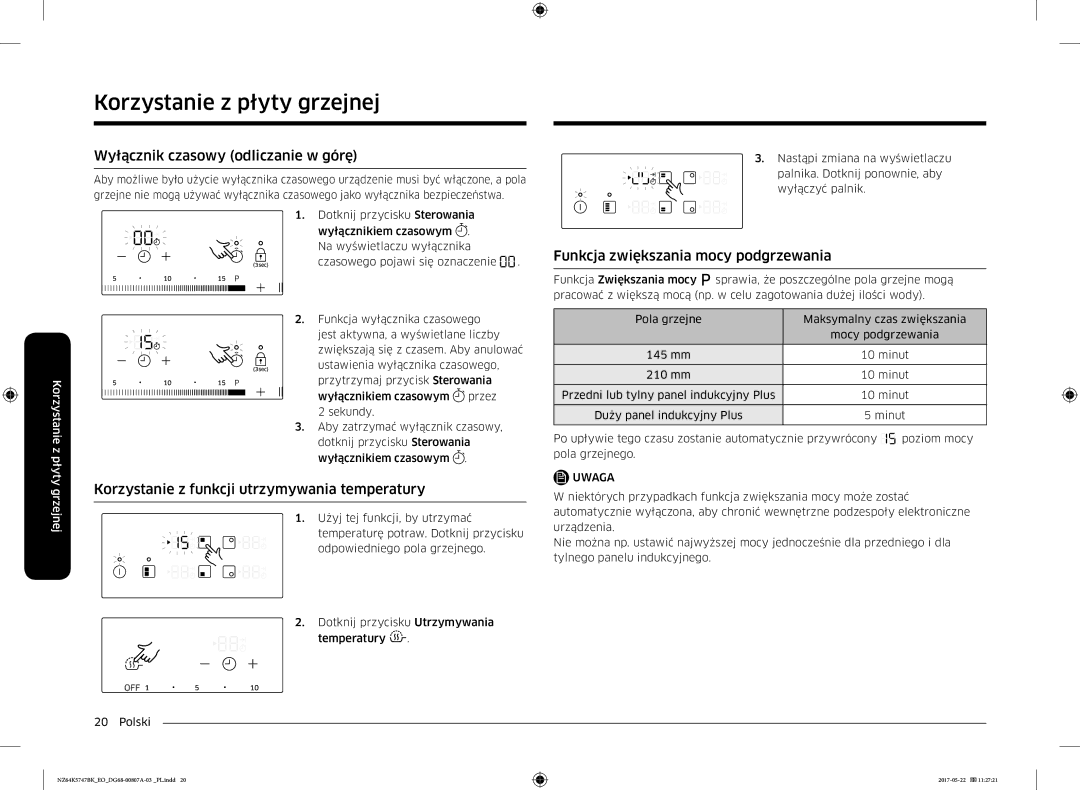 Samsung NZ64K5747BK/EO manual Wyłącznik czasowy odliczanie w górę, Korzystanie z funkcji utrzymywania temperatury 