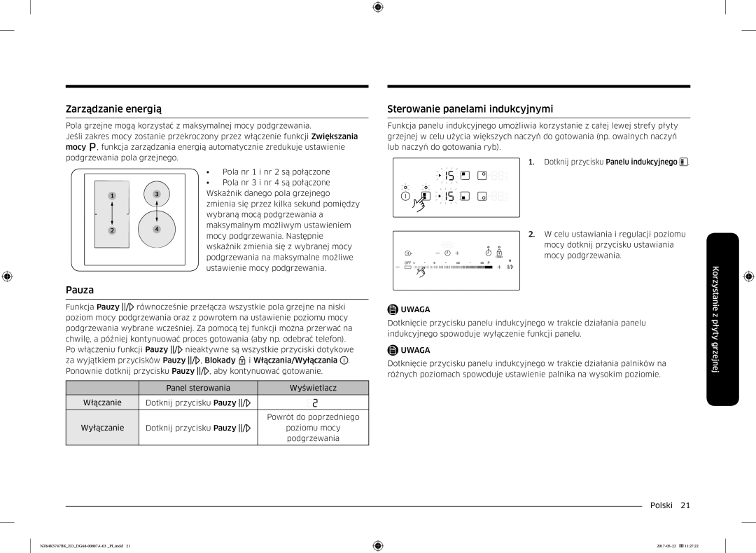 Samsung NZ64K5747BK/EO manual Zarządzanie energią, Pauza, Sterowanie panelami indukcyjnymi 