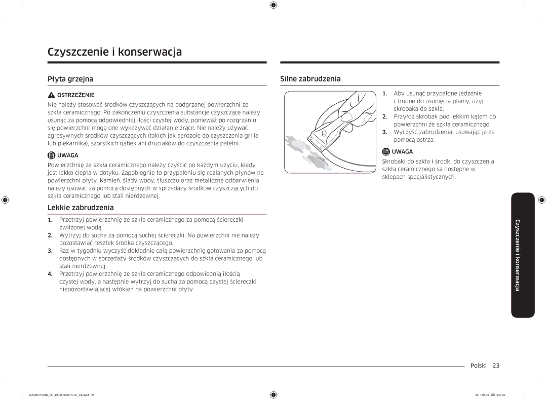 Samsung NZ64K5747BK/EO manual Czyszczenie i konserwacja, Płyta grzejna Silne zabrudzenia, Lekkie zabrudzenia 