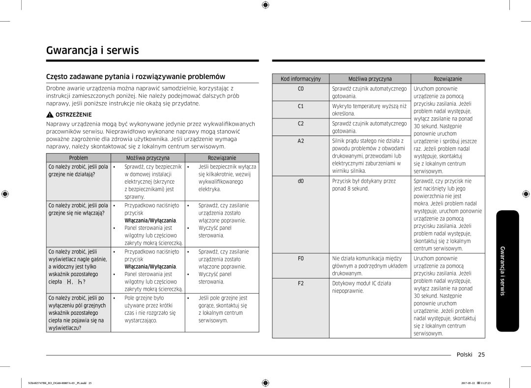 Samsung NZ64K5747BK/EO manual Gwarancja i serwis, Często zadawane pytania i rozwiązywanie problemów 