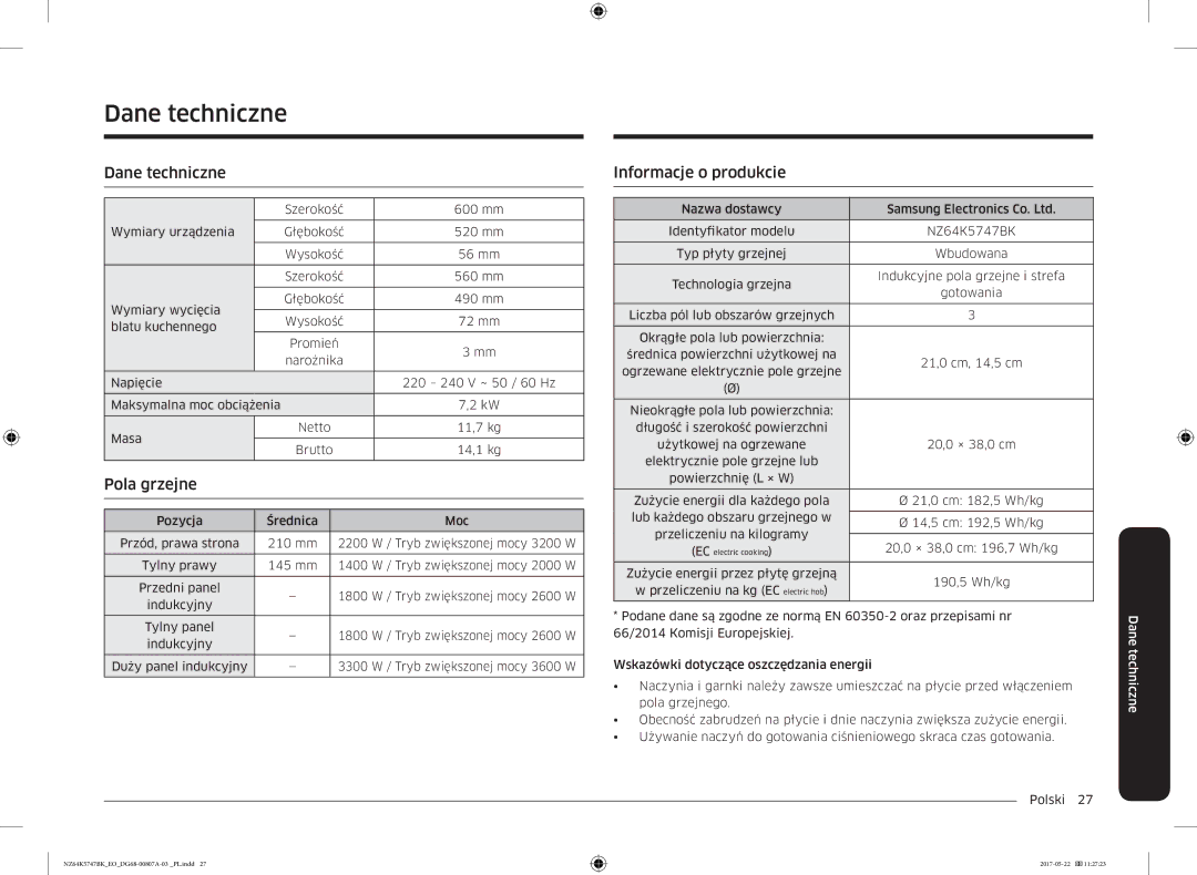 Samsung NZ64K5747BK/EO manual Dane techniczne, Informacje o produkcie 