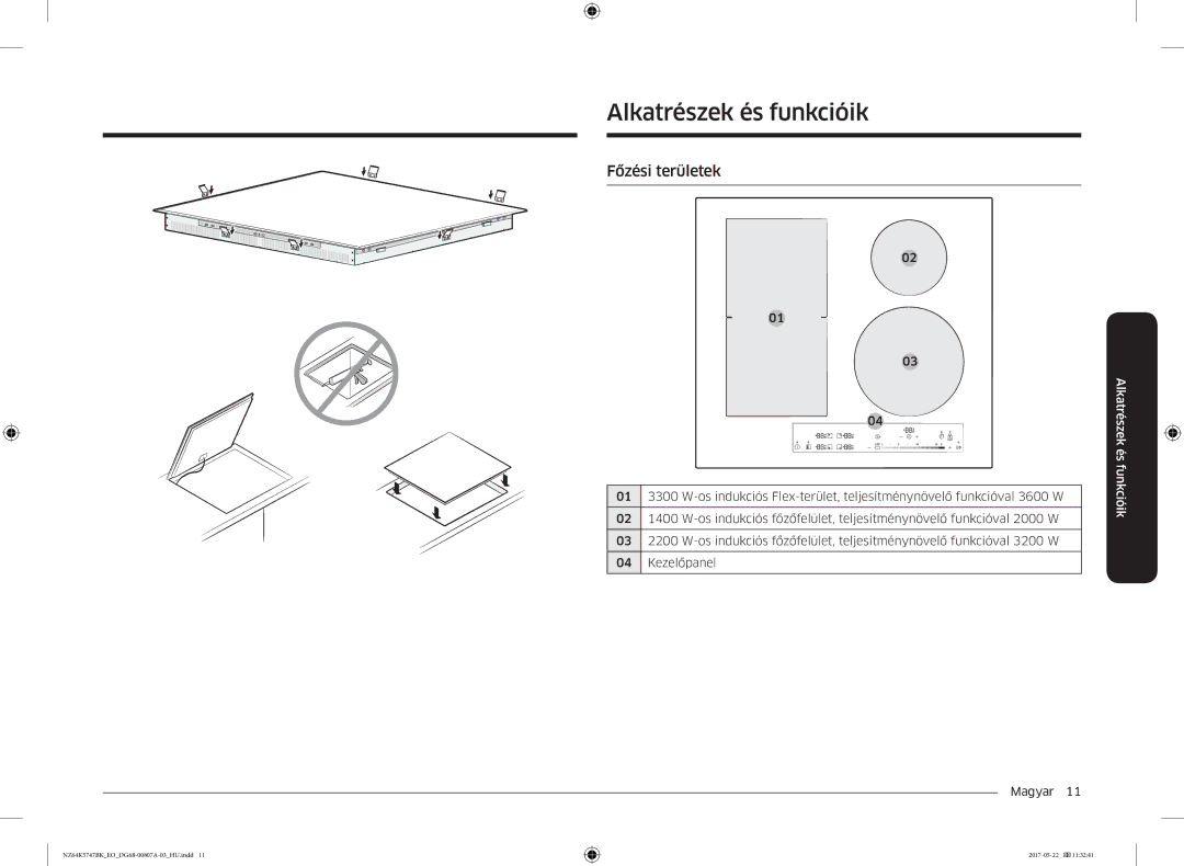 Samsung NZ64K5747BK/EO manual Alkatrészek és funkcióik, Főzési területek 