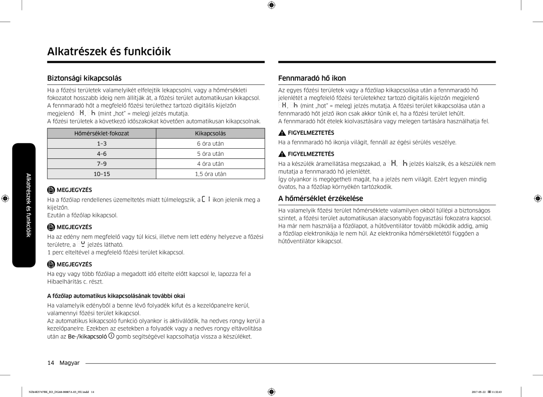 Samsung NZ64K5747BK/EO manual Biztonsági kikapcsolás, Fennmaradó hő ikon, Hőmérséklet érzékelése 