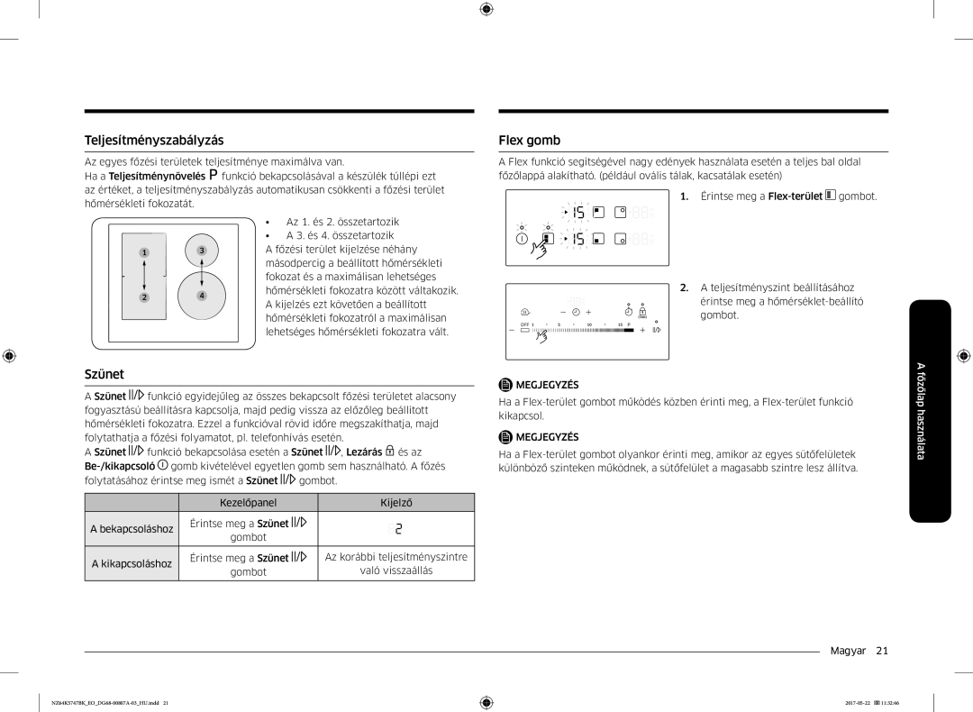 Samsung NZ64K5747BK/EO manual Teljesítményszabályzás, Szünet, Flex gomb 