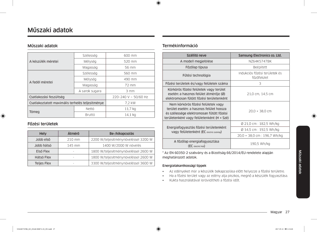 Samsung NZ64K5747BK/EO manual Műszaki adatok, Termékinformáció 