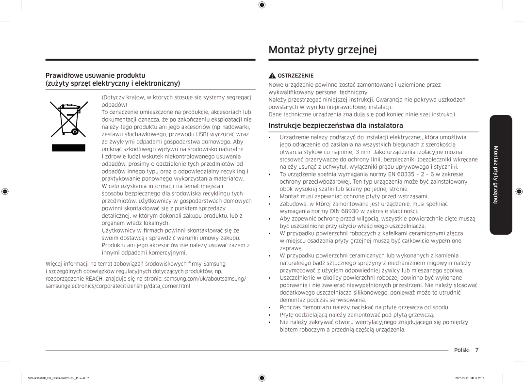 Samsung NZ64K5747BK/EO manual Montaż płyty grzejnej, Instrukcje bezpieczeństwa dla instalatora 