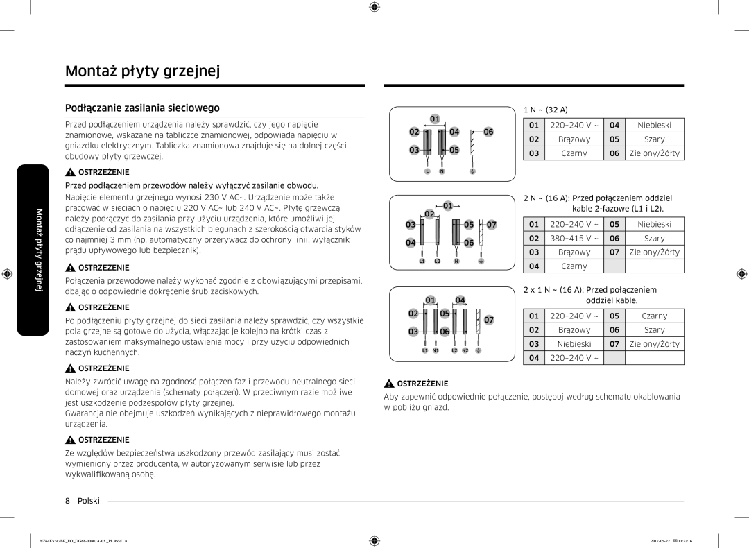 Samsung NZ64K5747BK/EO manual Podłączanie zasilania sieciowego 