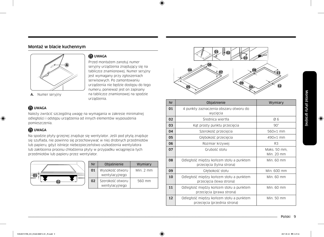 Samsung NZ64K5747BK/EO manual Montaż w blacie kuchennym, Płyty 