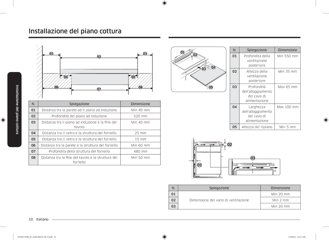 Samsung NZ64K5747BK/ET manual Installazione del piano cottura 