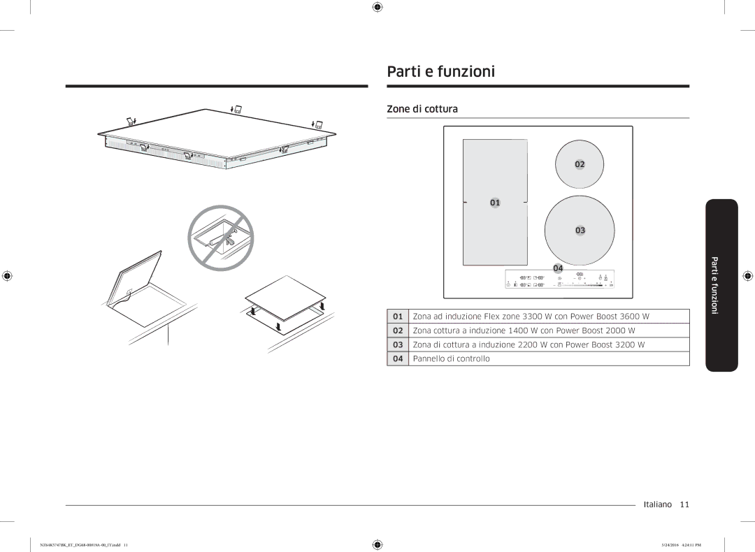 Samsung NZ64K5747BK/ET manual Parti e funzioni, Zone di cottura 