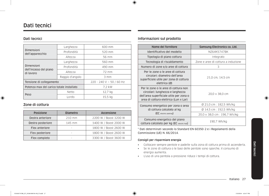 Samsung NZ64K5747BK/ET manual Dati tecnici, Informazioni sul prodotto 