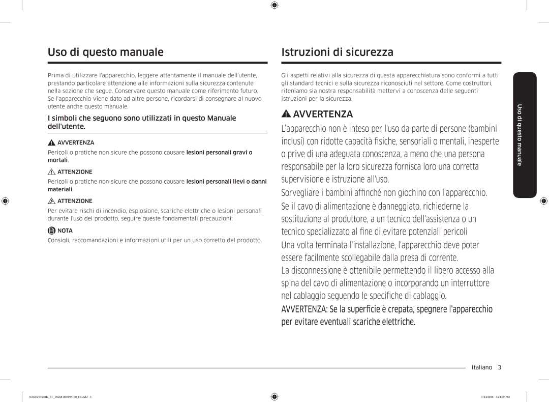 Samsung NZ64K5747BK/ET Uso di questo manuale, Istruzioni di sicurezza 