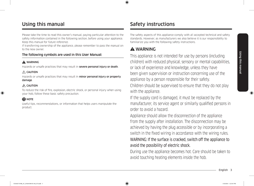 Samsung NZ64K5747BK/ET Using this manual, Safety instructions 