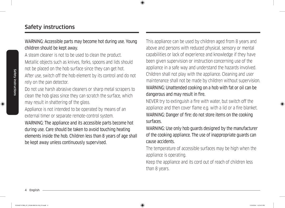 Samsung NZ64K5747BK/ET manual Safety instructions 