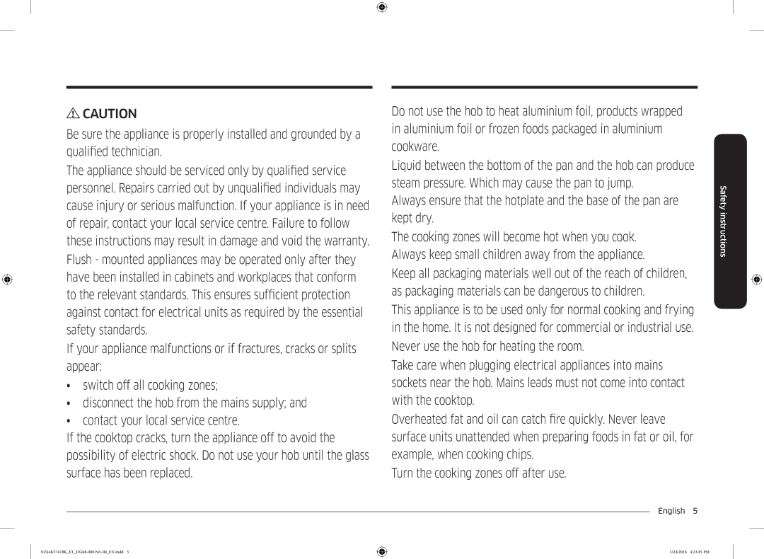 Samsung NZ64K5747BK/ET manual Safety instructions 