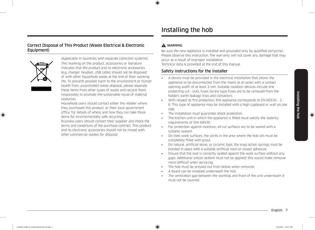 Samsung NZ64K5747BK/ET manual Installing the hob, Safety instructions for the installer 