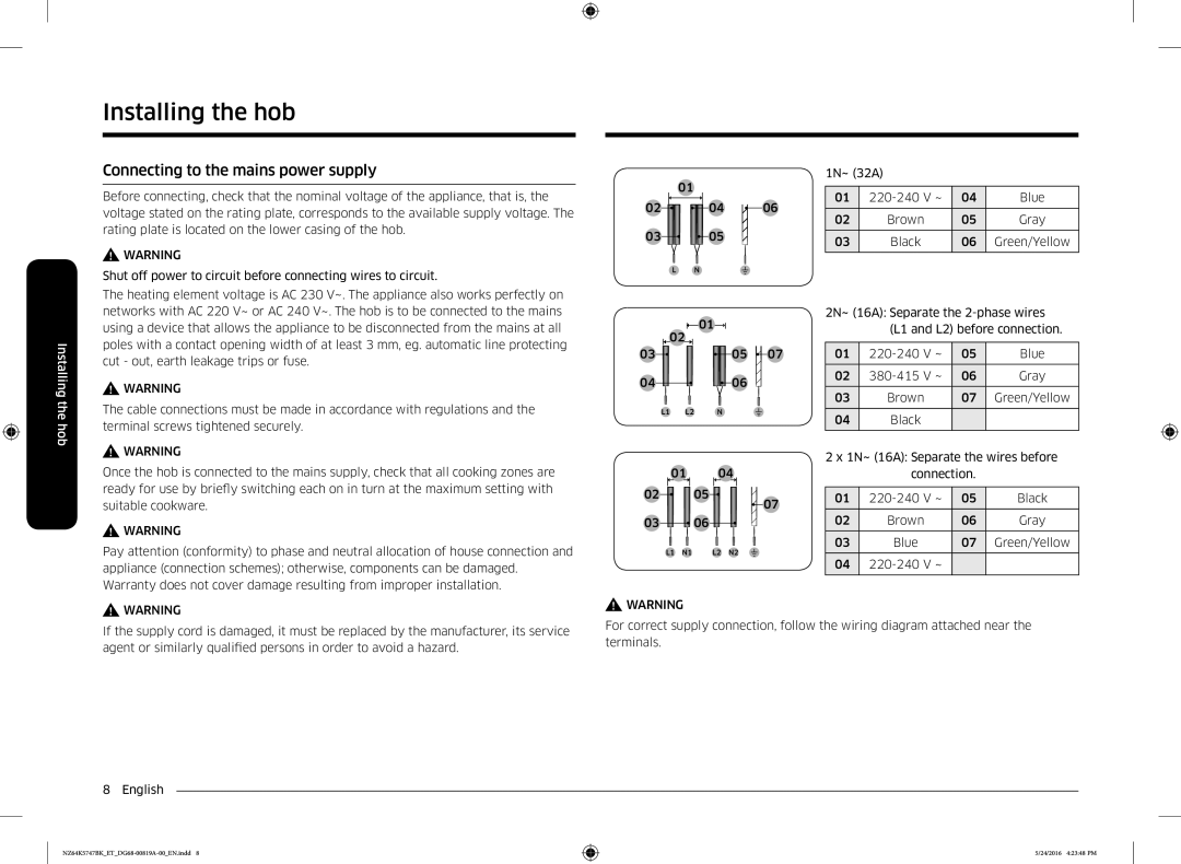 Samsung NZ64K5747BK/ET manual Connecting to the mains power supply 