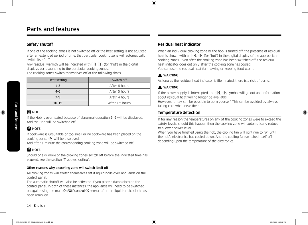 Samsung NZ64K5747BK/ET manual Safety shutoff, Residual heat indicator, Temperature detection 