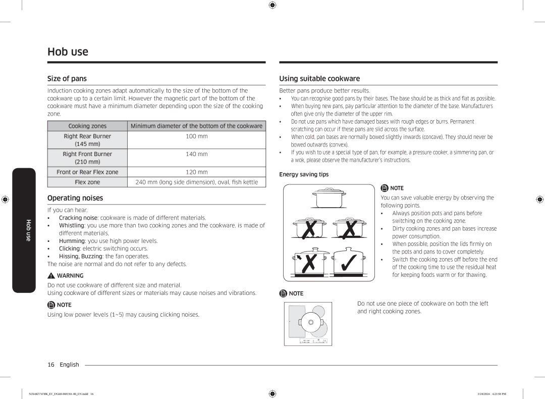 Samsung NZ64K5747BK/ET manual Size of pans, Operating noises, Using suitable cookware 