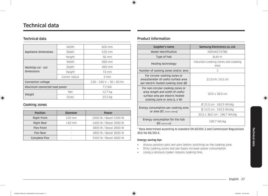 Samsung NZ64K5747BK/ET manual Technical data, Product information 