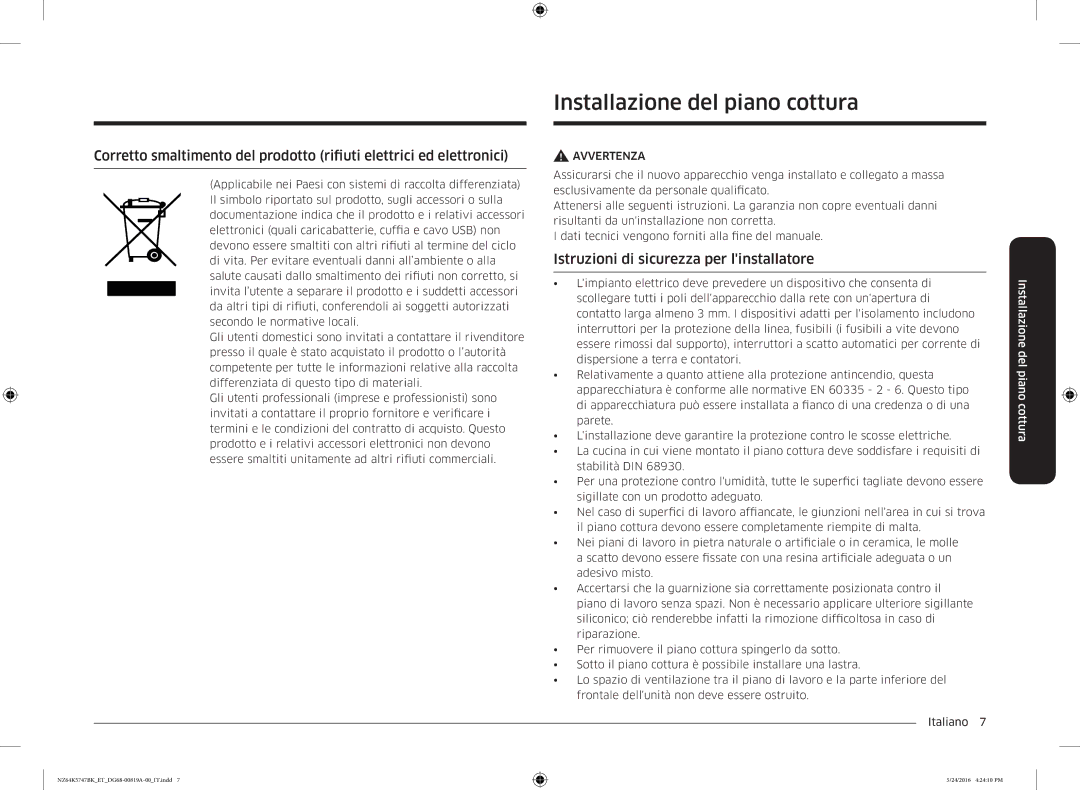 Samsung NZ64K5747BK/ET manual Installazione del piano cottura, Istruzioni di sicurezza per linstallatore 