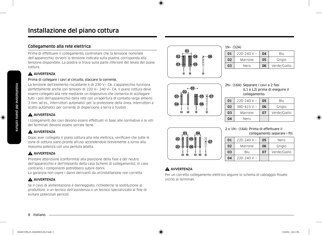 Samsung NZ64K5747BK/ET manual Collegamento alla rete elettrica 