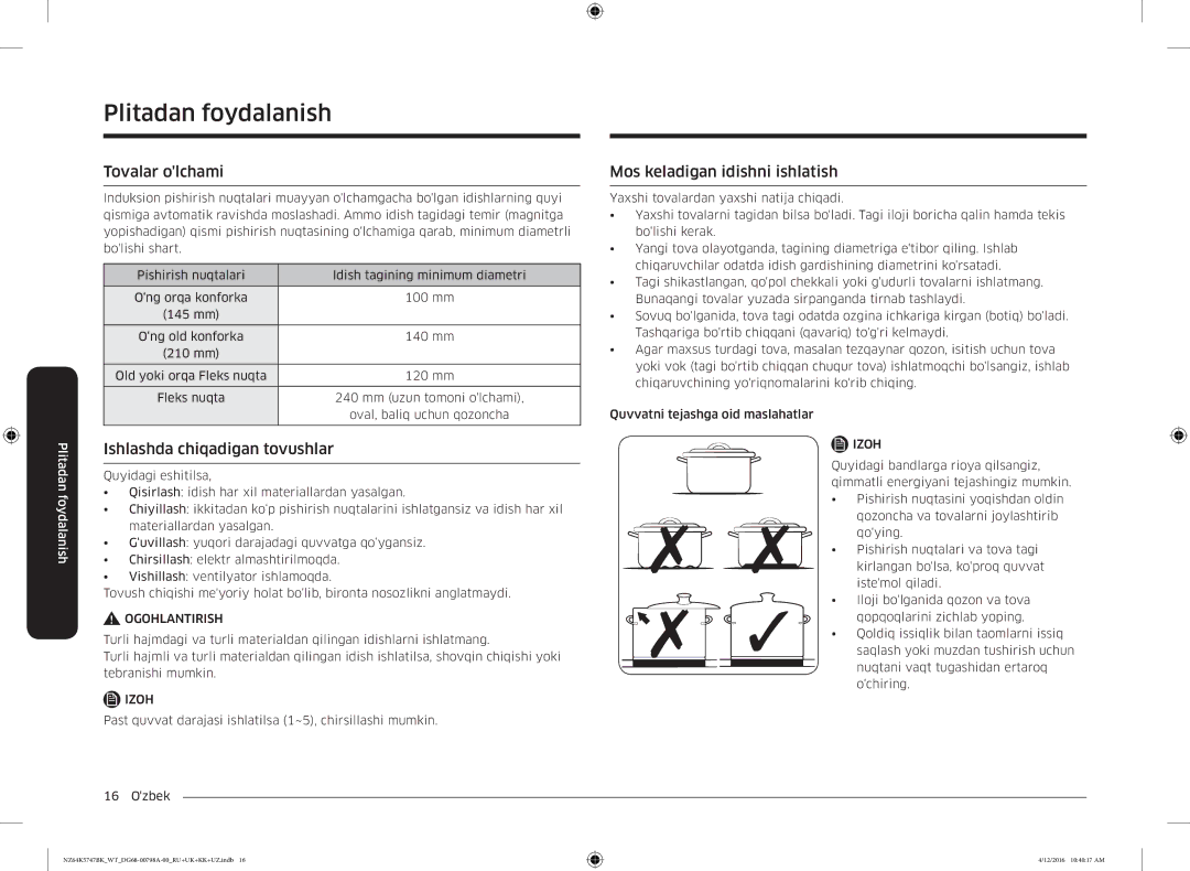 Samsung NZ64K5747BK/WT manual Tovalar olchami, Ishlashda chiqadigan tovushlar, Mos keladigan idishni ishlatish 