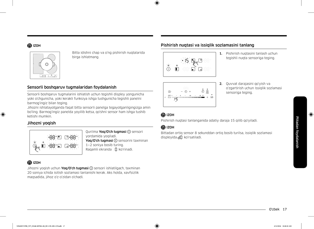 Samsung NZ64K5747BK/WT manual Sensorli boshqaruv tugmalaridan foydalanish, Jihozni yoqish 