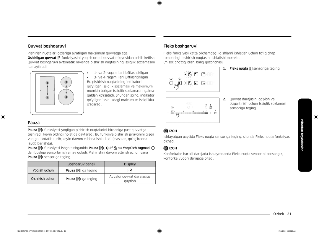 Samsung NZ64K5747BK/WT manual Quvvat boshqaruvi, Pauza, Fleks boshqaruvi 