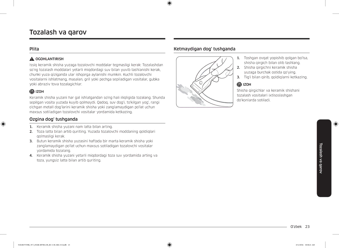 Samsung NZ64K5747BK/WT manual Plita, Ozgina dog tushganda, Ketmaydigan dog tushganda 