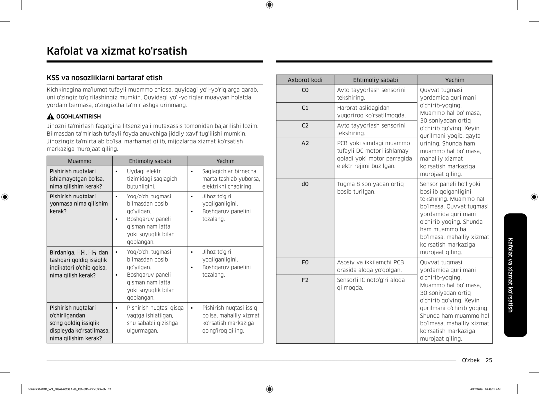 Samsung NZ64K5747BK/WT manual Kafolat va xizmat korsatish, KSS va nosozliklarni bartaraf etish 