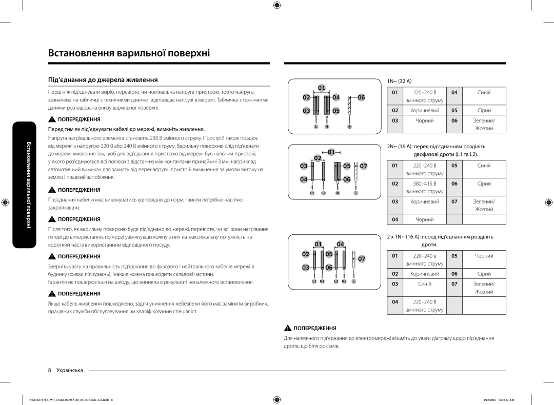 Samsung NZ64K5747BK/WT manual Під’єднання до джерела живлення 