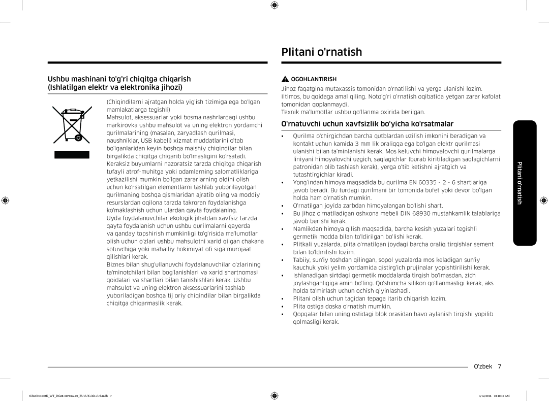 Samsung NZ64K5747BK/WT manual Plitani ornatish, Ornatuvchi uchun xavfsizlik boyicha korsatmalar 