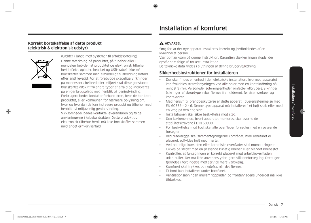 Samsung NZ64K7757BK/EE manual Installation af komfuret, Sikkerhedsinstruktioner for installatøren 